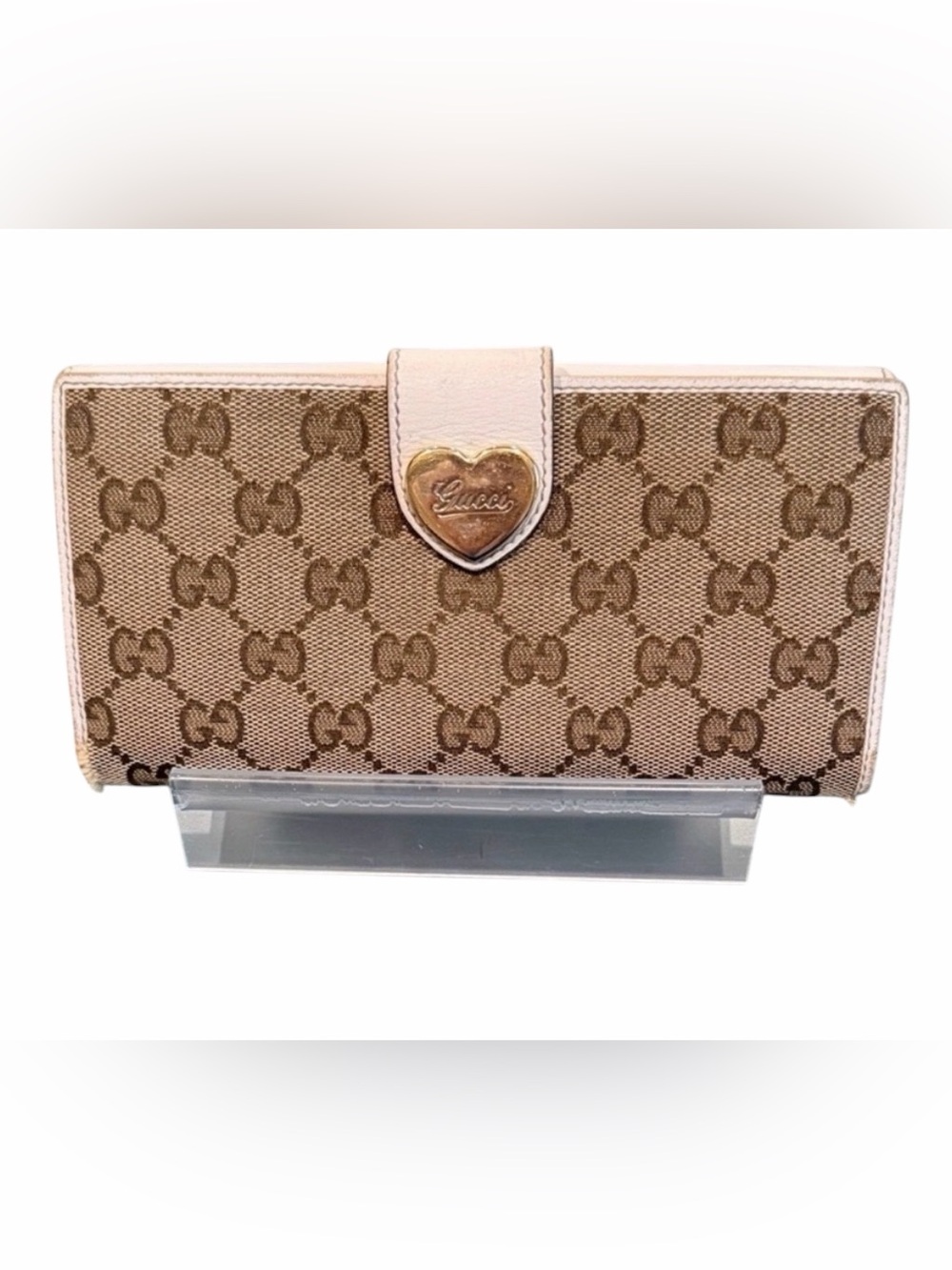 GUCCI BEIGE GG CONTINENTAL CANVAS WALLET WITH HEART DETAIL